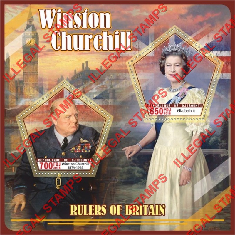 Djibouti 2018 Winston Churchill and Rulers of Britain Illegal Stamp Souvenir Sheet of 2